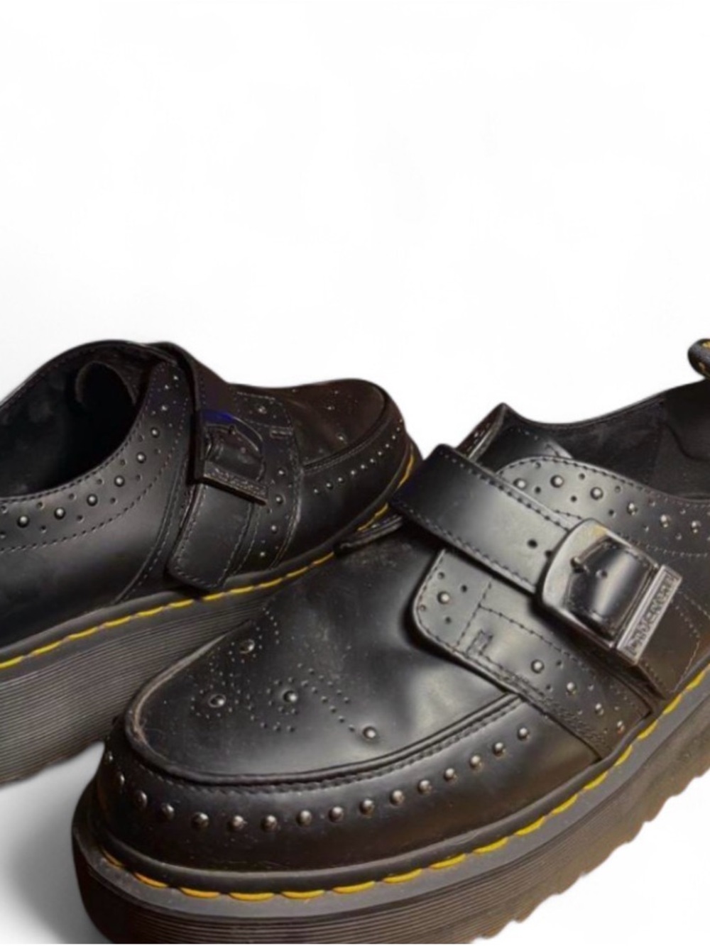 Dr. Martens Black Leather Monk Strap Brogues with Yellow Stitching